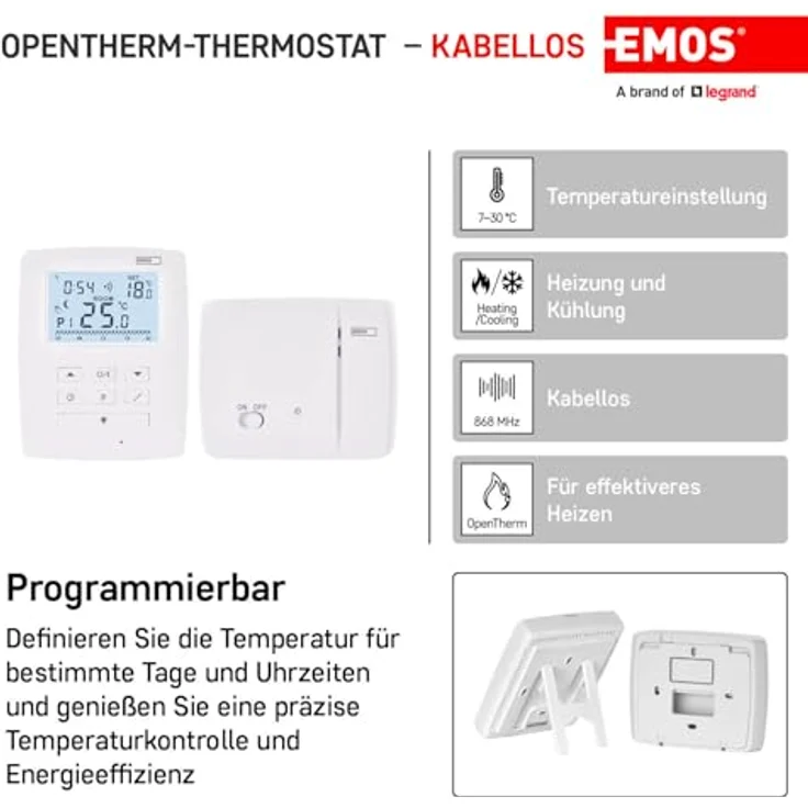 EMOS drahtloser OpenTherm-Raumthermostat, programmierbarer digitaler Temperaturregler für Heizung oder Klimaanlage, 9 Programme, Frostschutz, einstellbares Differential – Bild 2