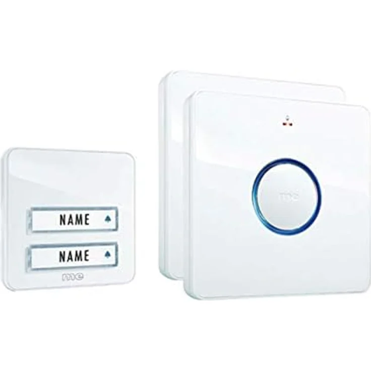 m-e BELL-232.3 Funkklingel Set für 2-Familien-Haus, LED-Leuchtring mit 8 Melodien und stufenloser Lautstärkeregelung, spritzwassergeschützt IP44, mit Namensschild, bis zu 200 m Reichweite – Bild 1