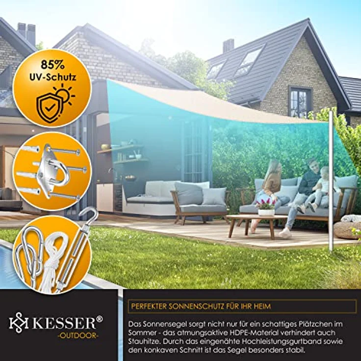 KESSER Sonnensegel Sonnenschutz Windschutz HDPE Gewebe wasserabweisend & windabweisend Dreieck 5-Fach quer vernäht robust & stabil Schattenspender Garten Balkon Terrasse Dreieck, Creme, 5x5x5m – Bild 4