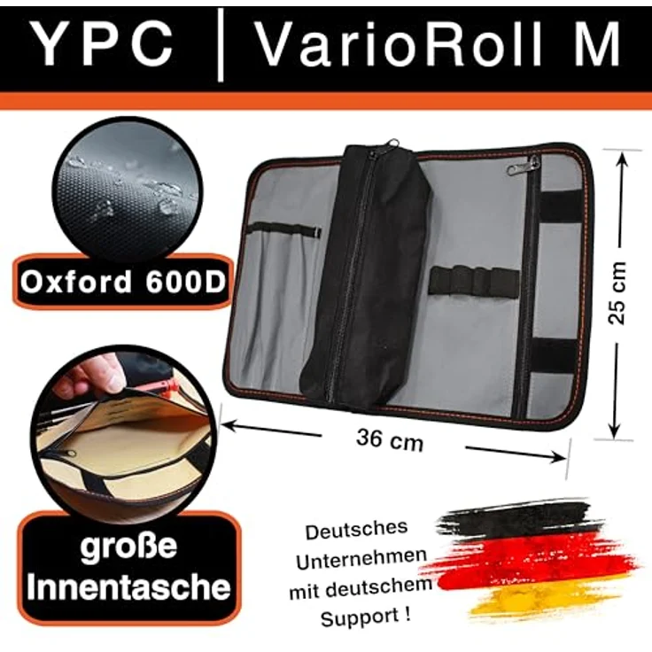 YPC VarioRoll M, rollbare Werkzeugtasche 36x25cm mit 2 Reißverschlusstaschen, 4 Steckfächern und 4 Schlaufen, wasserfestes Oxford 600D Polyester, ideal für Schraubendreher und Outdoor-Abenteuer – Bild 2