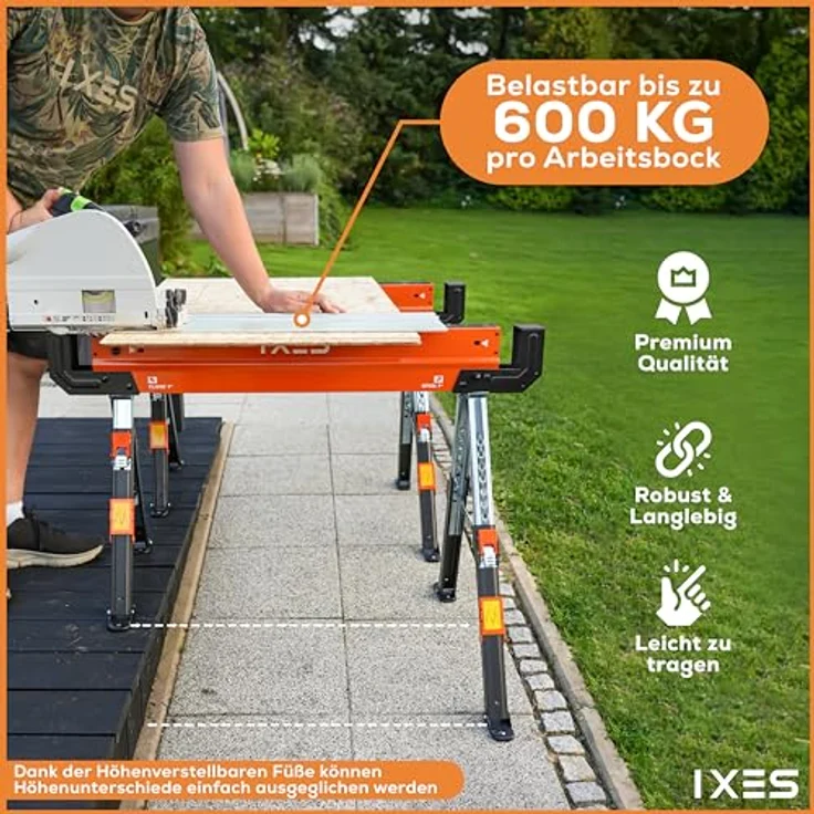 IXES Arbeitsbock höhenverstellbar | Profi Sägebock | 2 Arbeitsböcke | max. 1200 kg Traglast | Arbeitshöhe 618-820 mm | Metall Klappbock | Anti-Rutsch-Beschichtung | Metallbock, Unterstellbock - Preisvergleich – Bild 3