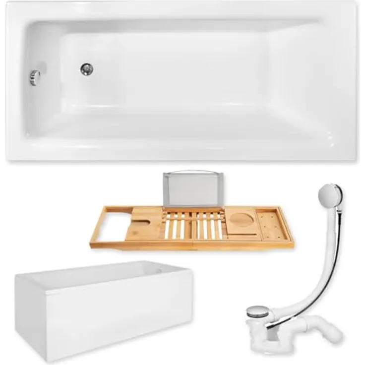 KOLMAN Badewanne Rechteck TALIA 110x70, Acryl mit antibakterieller Beschichtung und Bambus Ablage