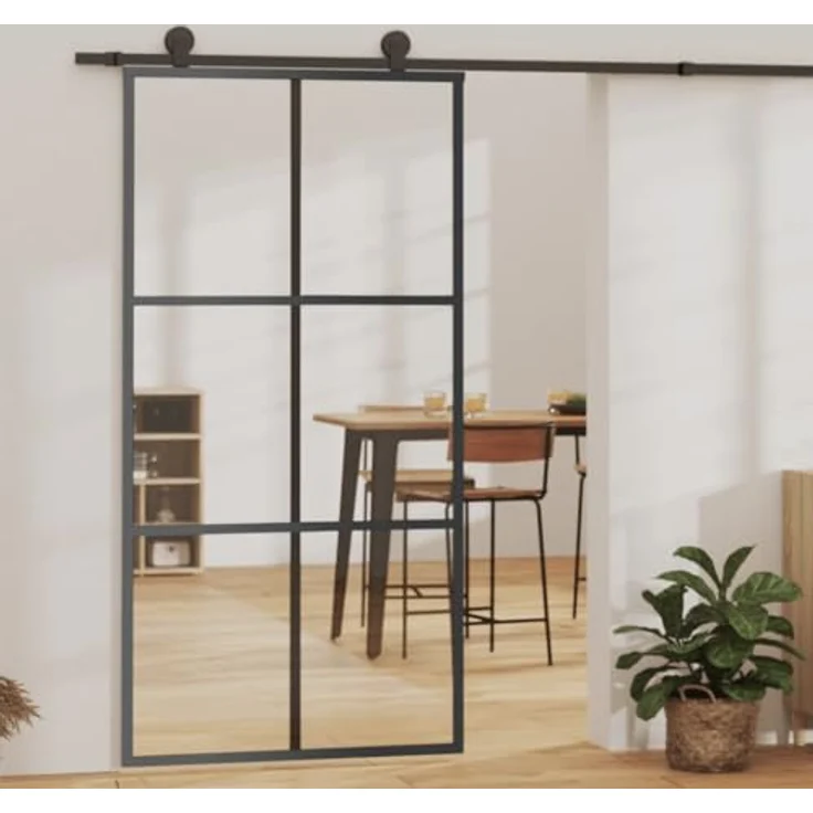 vidaXL Schiebetür mit Beschlag Glasschiebetür Glastür Glas Schiebe Tür Schiebetürsystem Laufschiene Schiebetürbeschlag ESG-Glas Aluminium 102x205cm, transparent mit Soft-Stopp-Funktion – Bild 2