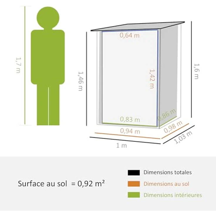 Outsunny Gerätehaus aus Stahl, 0,92 m² Geräteschuppen mit Pultdach Gartenschrank abschließbar, Gartenschuppen für Balkon, Terrasse, 100 x 103 x 160 cm, Grau – Bild 5