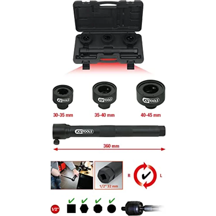 KS Tools Axialgelenk-Spezialschlüssel-Satz 4tlg., Drehmomentschlüssel mit 3 Spezial-Aufsätzen (30-45 mm) und stabilem Kunststoffkoffer – Bild 2