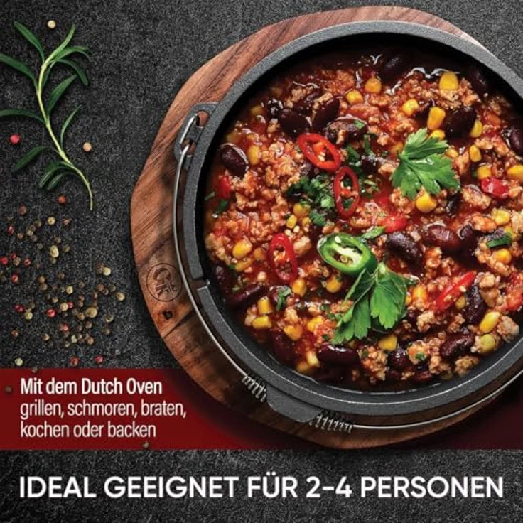 GUSSKÖNIG Dutch Oven Set, Eingebrannter Gusseisen Feuertopf 4,5L für 2-4 Personen mit Füßen, 2-in-1 Deckelheber, Bürste & Rezeptbuch, 30 Jahre Garantie – Bild 4