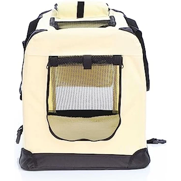 Fudajo Faltbare Transportbox für Hunde, Katzen M (60x42x44cm), robust, leicht, sicher, mit Tragegriff und Decke, Beige – Bild 5