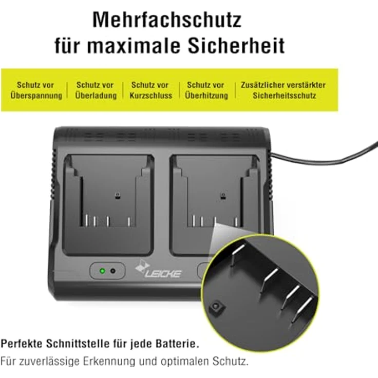 LEICKE Doppelladegerät für Bosch Professional Akkus, 14,4–18V 6A, EU-Stecker, kompatibel mit GBA/Core/ProCORE 18V, mehrfacher Schutz – Bild 5