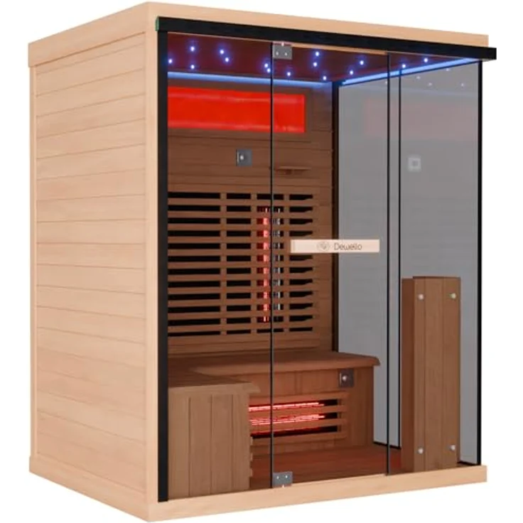 Dewello Sauna KENORA 160 Wärmekabine, 2-3 Personen, 6 Vollspektrumstrahler, (LED-Farblichttherapie inkl. Ionisator mit Ozondesinfektion und Aromatherapie, inkl. Ionisator mit Ozondesinfektion und Aromatherapie, Bluetooth & FM) – Bild 4