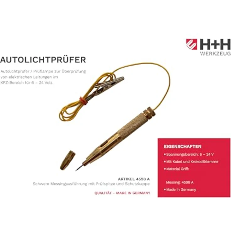 H+H Werkzeug 4598A Schwachstromprüfer Autolichtprüfer-Prüflampe 6-24V 125 mm Made in Germany – Bild 4