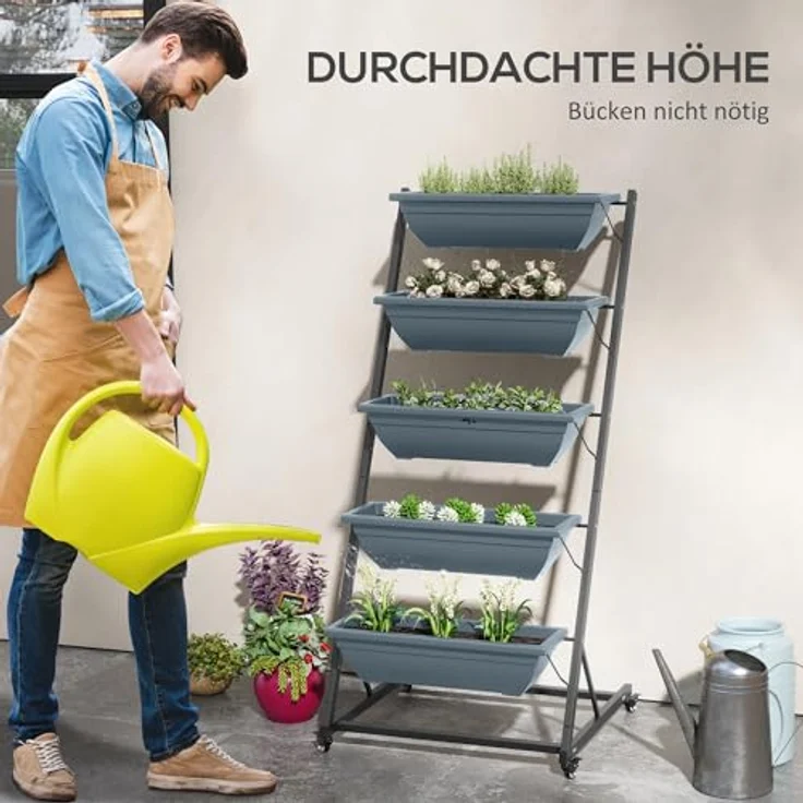 Outsunny Pflanzenständer, Blumenregal mit 5 Etagen und Rollen, Grau, für Innen- und Außeneinsatz, mit Drainagelöchern, 65 x 67 x 145 cm – Bild 4