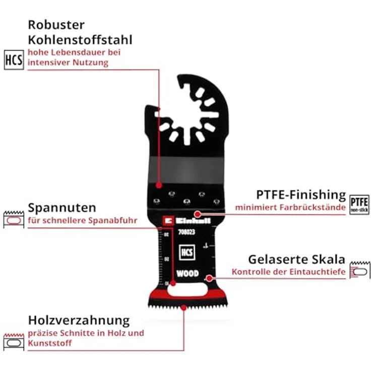 Einhell Tauchsägeblatt aus Kohlenstoffstahl für Holzbearbeitung, 32 mm Breite, 40 mm Eintauchtiefe, PTFE-Coating, gekrümmte Schneide, Schnellwechselfunktion – Bild 2