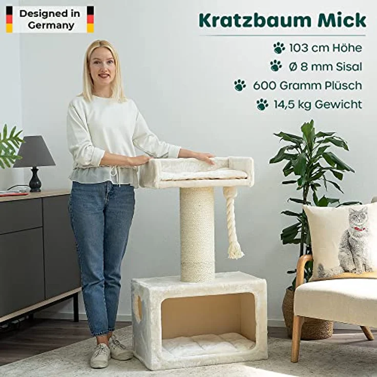 HAPPYPET Kratzbaum stabil 103 cm für große Katzen | Premium Qualität | 18 cm Sisalstämme mit 8 mm dickem Sisalseil | 600g Plüsch | Kratzbaum klein für schwere Main Coon | E1 Zertifiziert – Bild 2