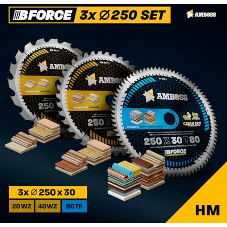Amboss Werkzeuge 250x30 Hand-Kreissägeblatt Set für Mafell Erika 85 EC, Dewalt DWE 7492 - 3er Set für Holz und Metallchnitt – Bild 2