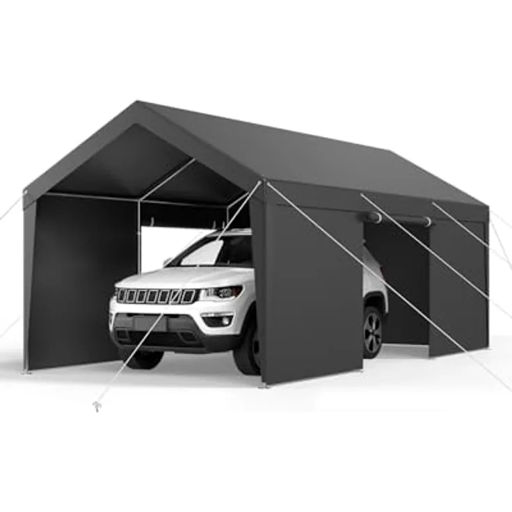 VEVOR Carport 3,65 x 6,09 m mit abnehmbaren Seitenwänden und Reißverschlusstür, UV-beständige Zeltgarage für ganzjährigen Autoschutz, grau