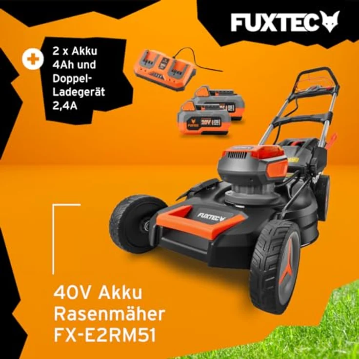 FUXTEC FX-E2RM51 40V Akku Rasenmäher, 51 cm Schnittbreite, 50L Fangkorb, 4-in-1 Funktion, mit 2x 20V Akku und Frontbumper – Bild 2