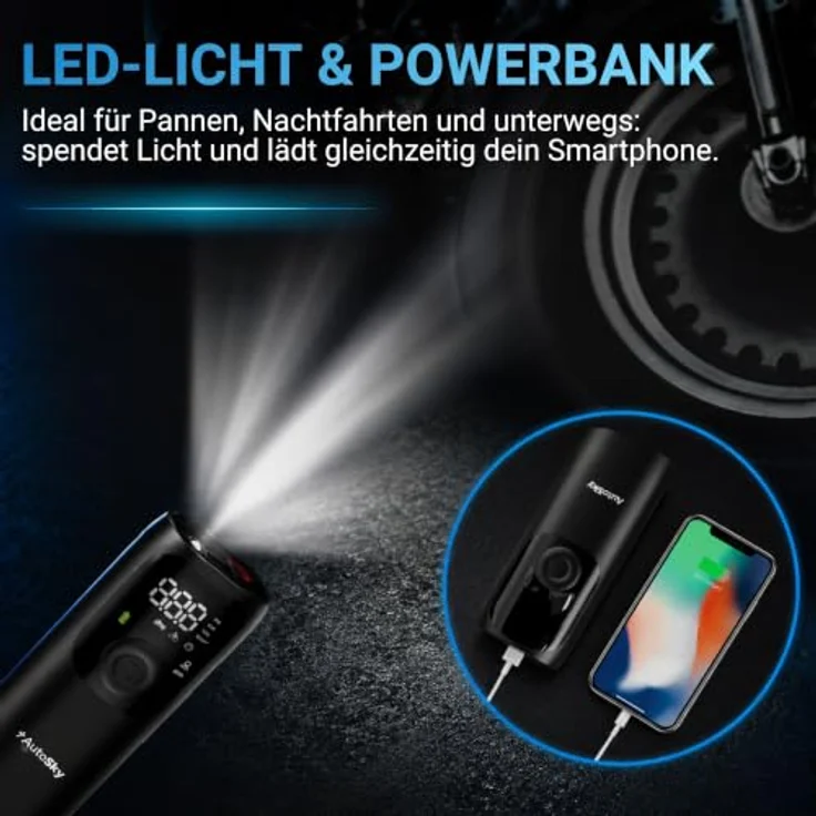 AutoSky AAC-301, Reifenpumpe mit Taschenlampe, Powerbank und 150 PSI Druck – Bild 3