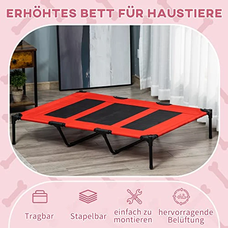 Pawhut Hundebett Outdoor Hundeliege Outdoor Katzenbett Haustierbett Schlafplatz Metall Oxford-Gewebe Rot 122 x 92 x 23 cm – Bild 4