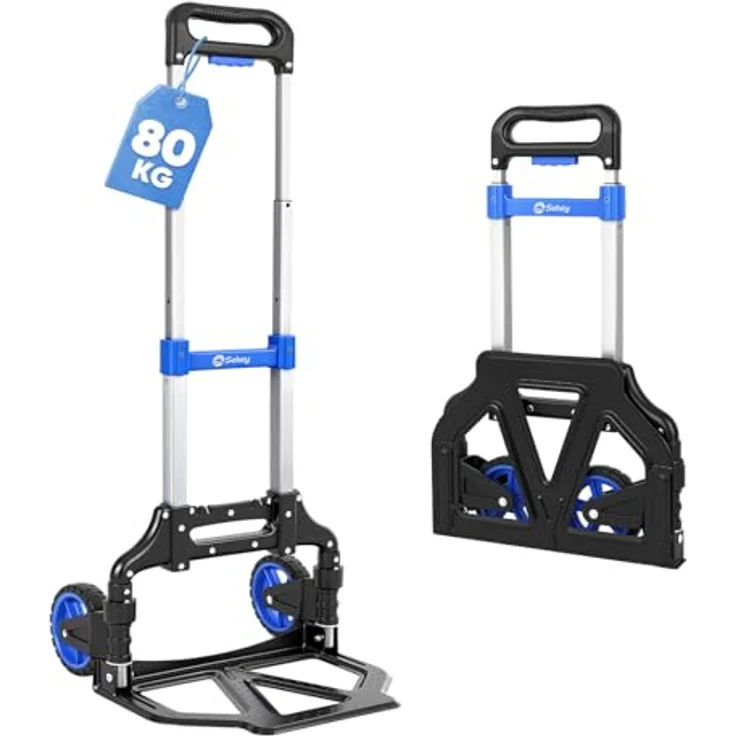 Sekey Sackkarre Alu Transportkarre klappbar, bis 80 kg Tragfähigkeit, 3-stufig höhenverstellbar, ideal für Umzüge und Einkäufe, schwarz/blau – Bild 1
