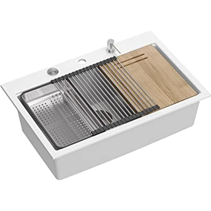 Quadron QUADRON Granitspüle 76 x 50 cm, Weiß, inkl. Stahlabdeckung, Seifenspender, Holzschneidebrett und MULTIFUNKTIONALer Qmat – Bild 2