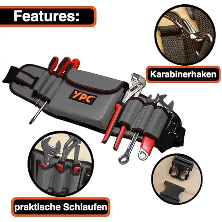 YPC ProBelt – Profi-Werkzeuggürtel mit 7 Steckfächern, großer Nageltasche (17x15x5 cm), Hammerschlaufe, verstellbar, in Khaki, Grau oder Blau – Bild 4