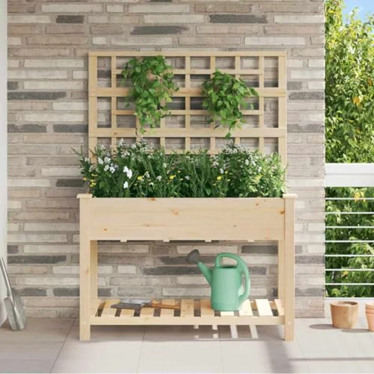 vidaXL Hochbeet Pflanzkasten mit Rankgitter und Regal, 115x59 cm, aus Kiefernholz, beige – Bild 2