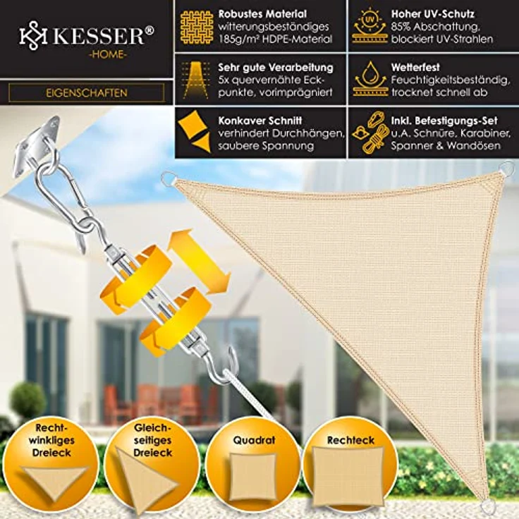 KESSER Sonnensegel Sonnenschutz Windschutz HDPE Gewebe wasserabweisend & windabweisend Dreieck 5-Fach quer vernäht robust & stabil Schattenspender Garten Balkon Terrasse Dreieck, Creme, 5x5x5m – Bild 2