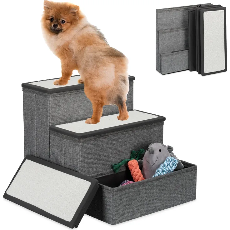 relaxdays Haustiertreppe Faltbare Hundetreppe 3 Stufen (1-St), Grau-WeiÃ, Ideal fÃ¼r kleine und Ã¤ltere Tiere, mit Stauraum