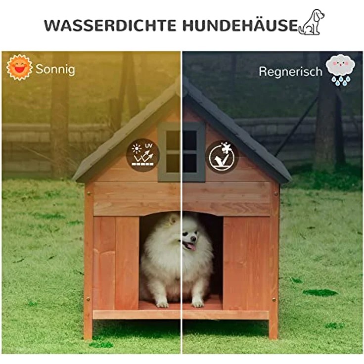 Pawhut Hundehütte Outdoor Hundehaus Hundehöhle aus Holz Winterfest für mittelgroße Hunde Natur 81,3 x 91,5 x 98,5 cm – Bild 4