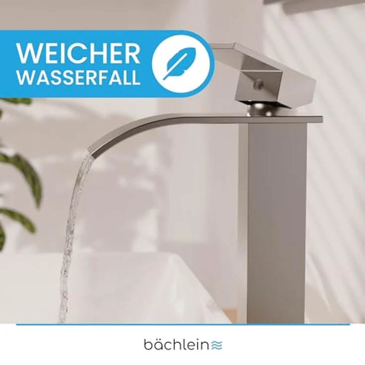 Bächlein Badarmatur Tamina hoch in Wasserfall-Design, extra hoher Einhebelmischer mit Montage-Set für Aufsatzwaschbecken, Bad Wasserhahn Edelstahl gebürstet – Bild 4