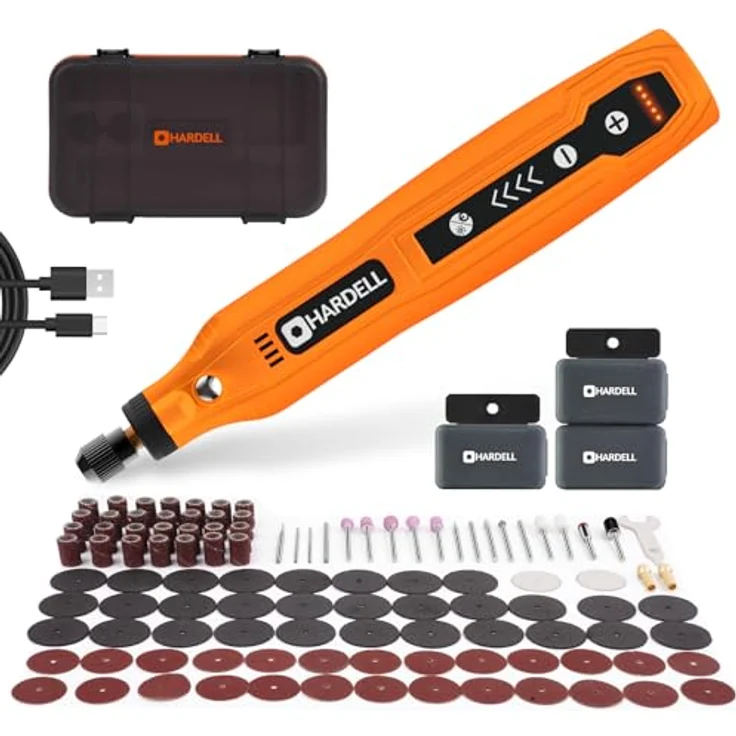 HARDELL Mini Akku Rotationswerkzeug, 5 Geschwindigkeiten (5000-18000 U/min), 3,7V mit 69 Zubehörteilen, LED-Licht, orange – Bild 1