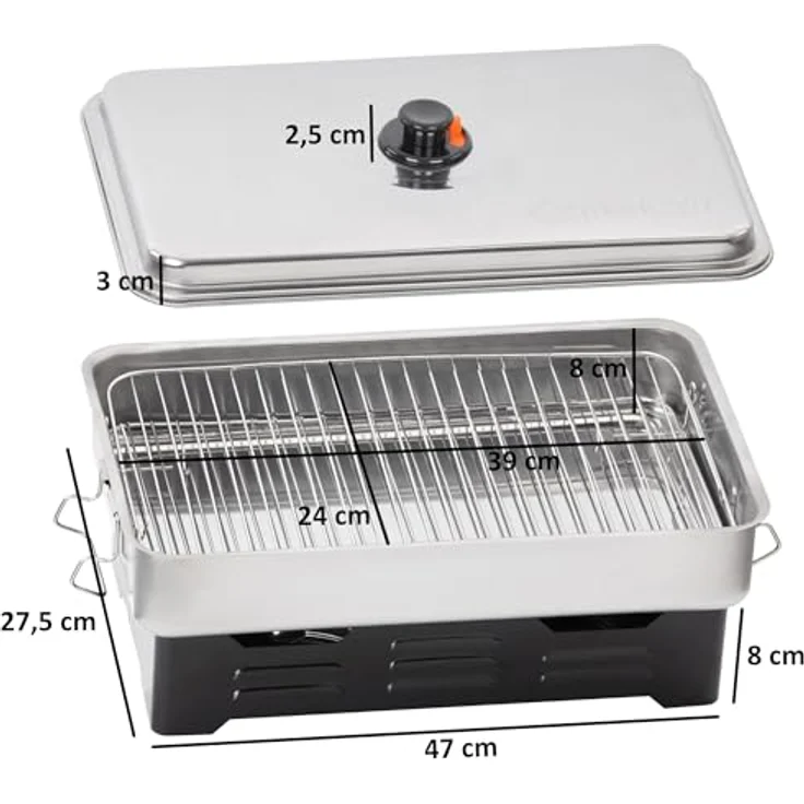 Mahlzeit Tischräucherofen Edelstahl, 47 x 27,5 x 20 cm, kompaktes Räucher-Set für Fisch, Fleisch und Gemüse, unabhängig betrieben mit Fondue-Brenner, inkl. Fettauffangschale und regulierbarem Rauchabzugsschieber – Bild 2