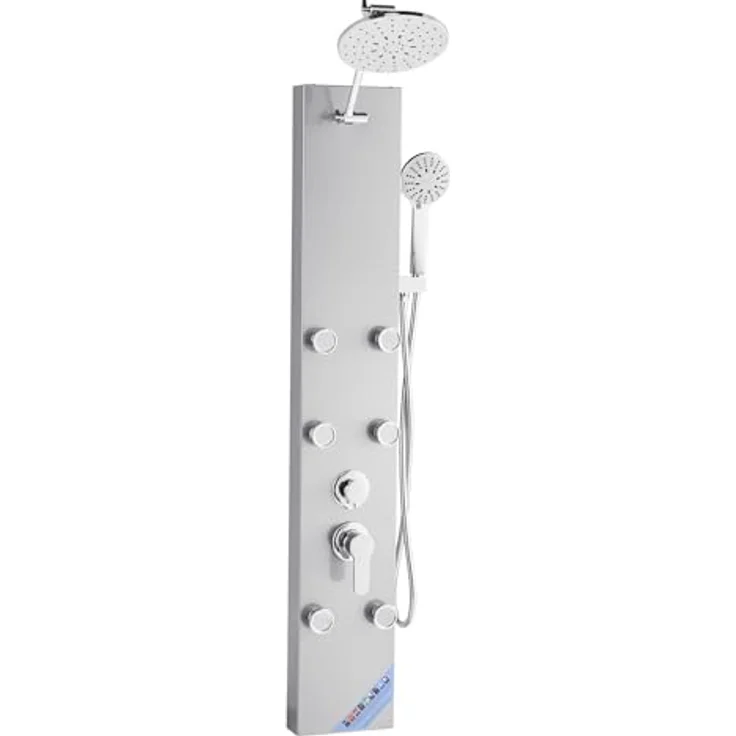 VEVOR Duschpaneel-Turmsystem 3 in 1 mit 124 cm Duschsäule aus gebürstetem Edelstahl, Regenwasserfall-Duschkopf, Handbrause & 6 Massagedüsen zur Wandmontage – Bild 1