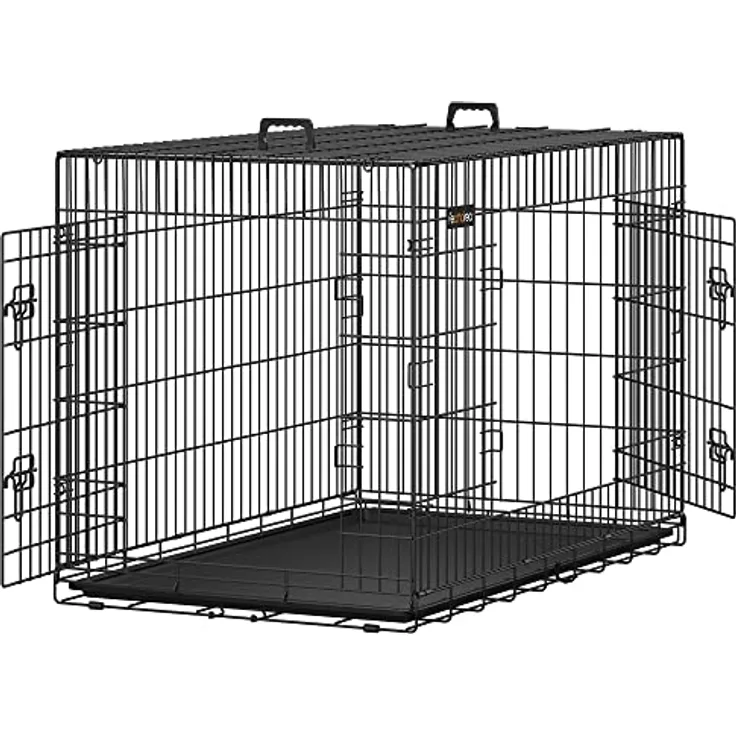 Feandrea Hundekäfig klappbar XXL, mit 2 Türen und Kunststoffschale, 122 x 74,5 x 80,5 cm, schwarz