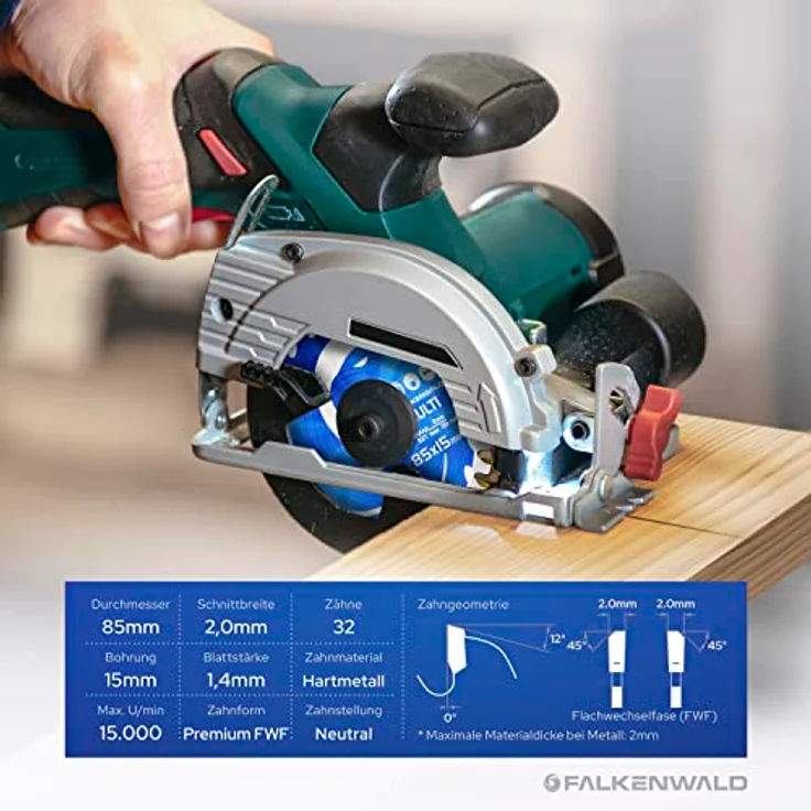 FALKENWALD ® Sägeblatt 85x15 mm, Multi Material Hartmetall Kreissägeblatt für Holz, Metall & Alu, kompatibel mit Bosch & Makita Sägewerken – Bild 4