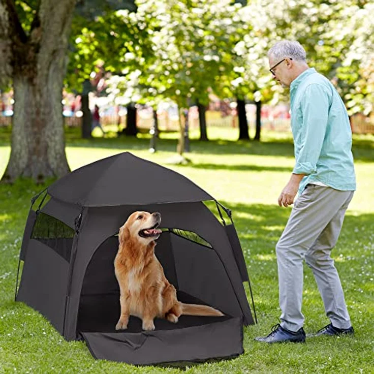 PawHut Haustierzelt, Hundezelt, Katzenhaus im Freien, Hundehaus mit Meshfenster, Hunde Tipi Zelt mit Tragetasche, Sonnendach für Hinterhof, Wohnzimmer, Dunkelgrau – Bild 2