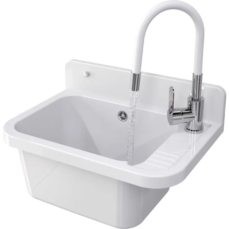 Granitan Kunststoffspüle Ausgussbecken aus Polypropylen - Waschtrog mit Siphon 50x34x31 cm, Waschbecken Set, Garagenspüle mit FLEX-Spülbeckenarmatur