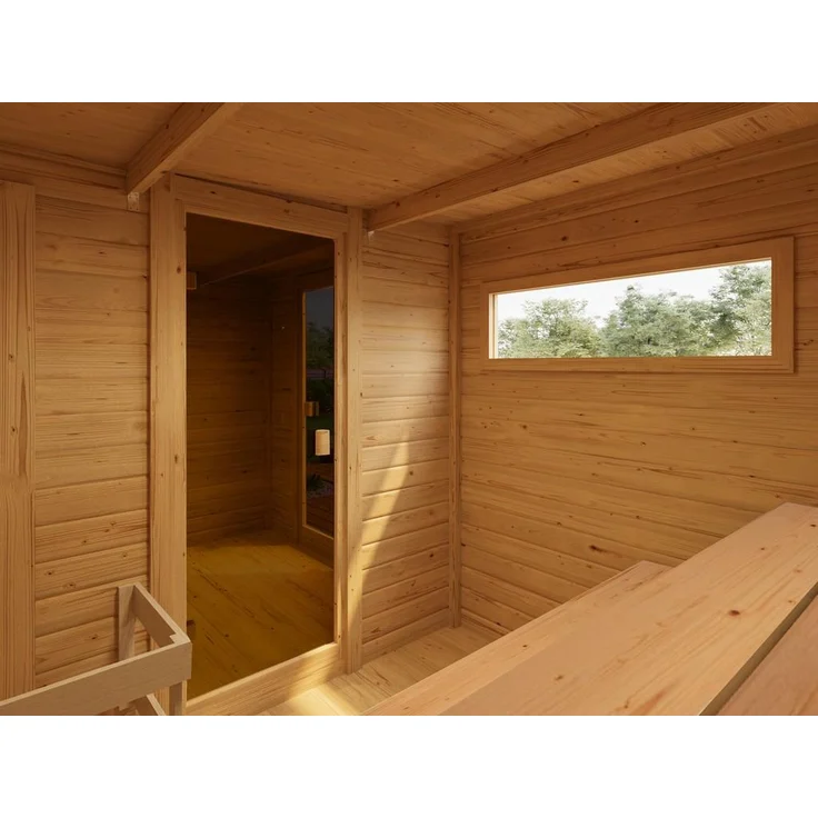 KARIBU Gartensauna Terragrau 6 Personen, Saunahaus mit Vorraum, bronzierte Ganzglastür, Infrarotkabine aus Fichtenholz, 8.80 m² Grundfläche