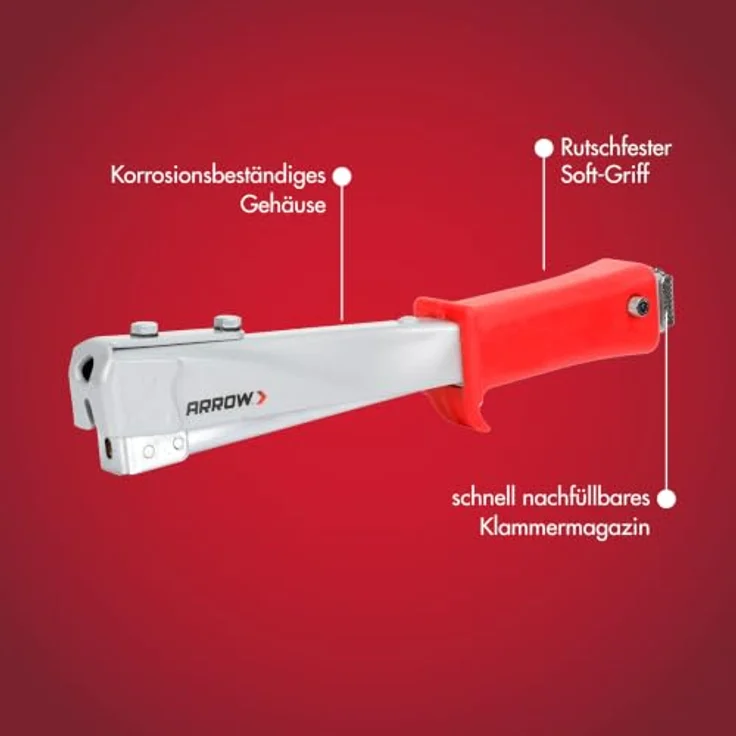 Arrow Hammertacker HT55, für Flachdrahtklammern 6 mm - 10 mm, robuster Nagler mit rutschfestem Softgriff und 160 Klammern Magazin – Bild 3