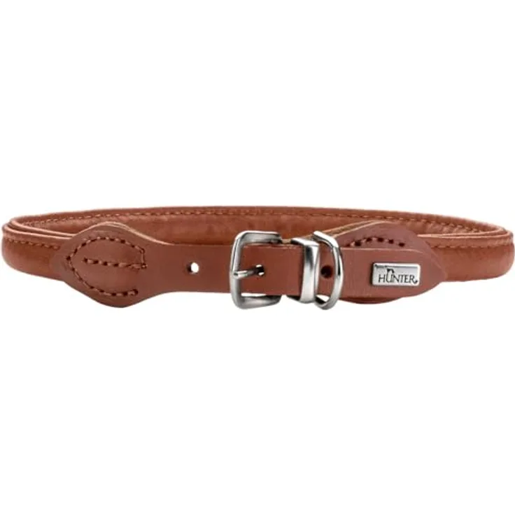 Hunter Halsband Round & Soft Canadian Up, handgefertigt aus chromfreiem Rindsleder, Cognac, Größe XS/S, inklusive Leine