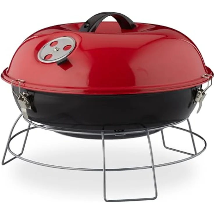 Relaxdays Kugelgrill, tragbar, mit Deckel, leckeres BBQ, Picknickgrill mit großer Holzkohlegrillfläche, Holzkohle, Ø36cm, rot – Bild 2