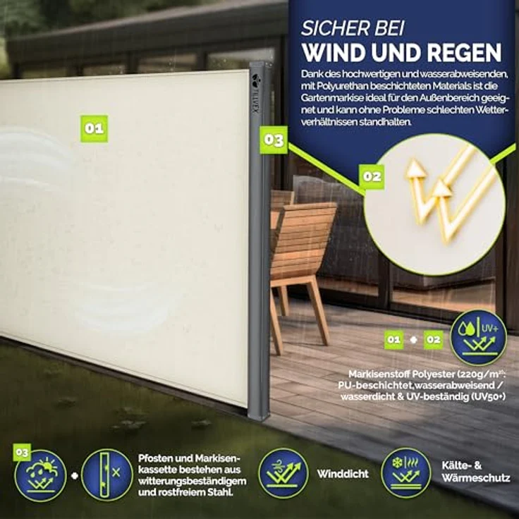 tillvex® Seitenmarkise 160 x 300 cm ausziehbar & Blickdicht | Sichtschutz für Balkon, Garten & Terrasse | Seitenrollo mit Wandhalterung | Sonnenschutz aus rostfreiem Stahl | Markise Windschutz – Bild 5