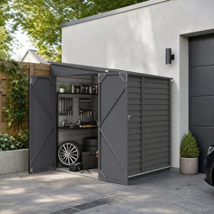 Outsunny Metall Gerätehaus 3,5 m², Geräteschuppen mit Pultdach und Doppelschiebetür, dunkelgrau – Bild 9