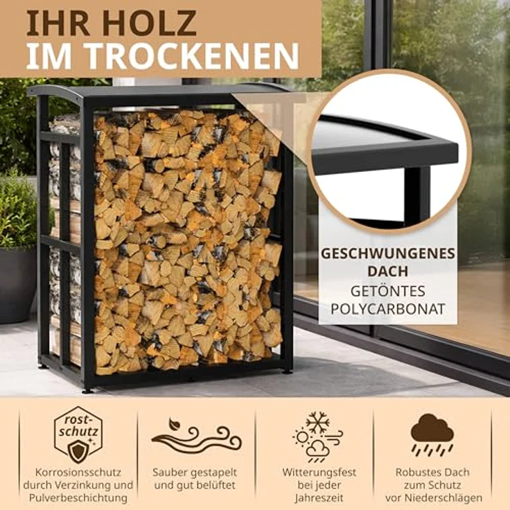 LAWA Kaminholzregal außen klein, verzinkt mit Dach und Stellfüßen, platzsparendes Design für Terrasse und Balkon, Metall schwarz, 91×56×117cm – Bild 3