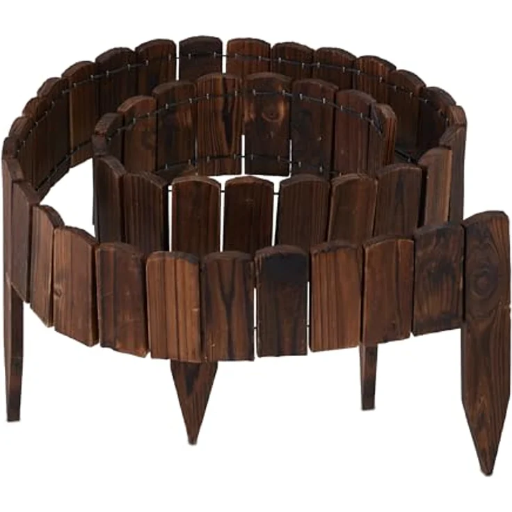 Relaxdays Beeteinfassung, 200 cm flexibler Beetzaun aus Tannenholz, Sichthöhe 10 cm, Dunkelbraun, zum Stecken mit Erdspießen – Bild 1
