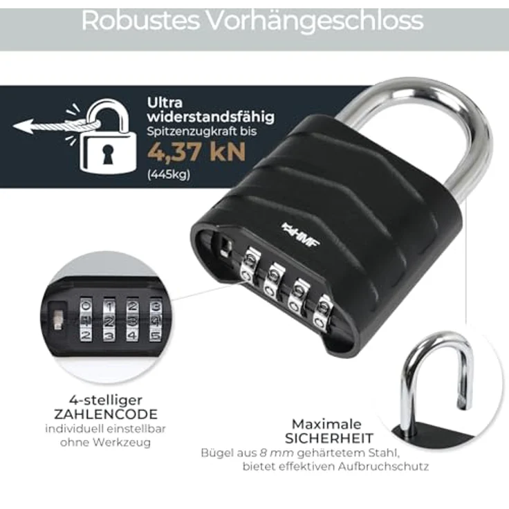 HMF Vorhängeschloss mit 4-stelligem Zahlencode, robustes Aluminiumlegierung Schloss, 5,6 x 2,6 x 8,7 cm, Schwarz – Bild 2