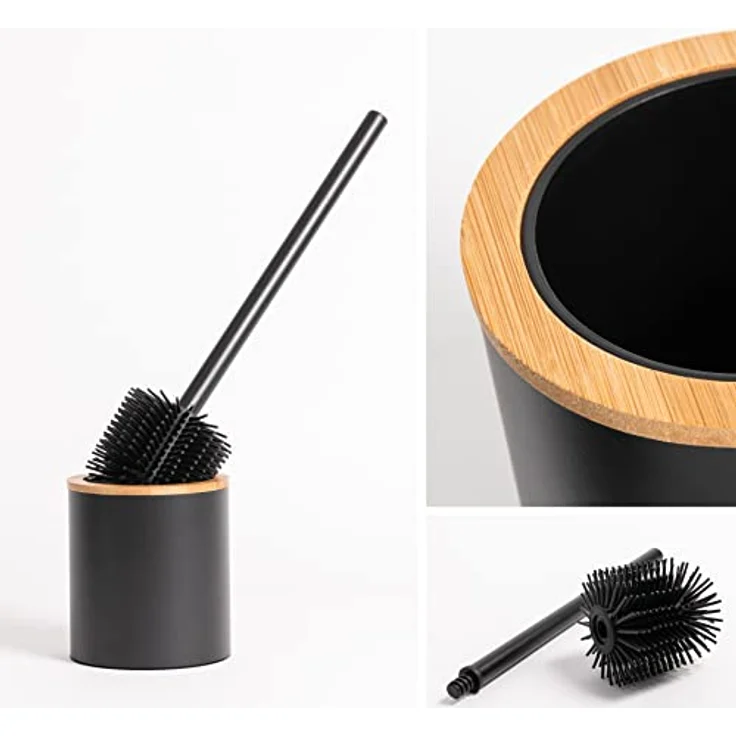 KAZAI. Silikon Toiletten-Bürste & Klobürsten-Halter in Holzoptik | Klobürste in Edelstahl mit Silikonkopf | Metall WC-Bürsten-Halter in Natur-Bambus | Stehende WC-Bürste für das Badezimmer | Schwarz – Bild 2
