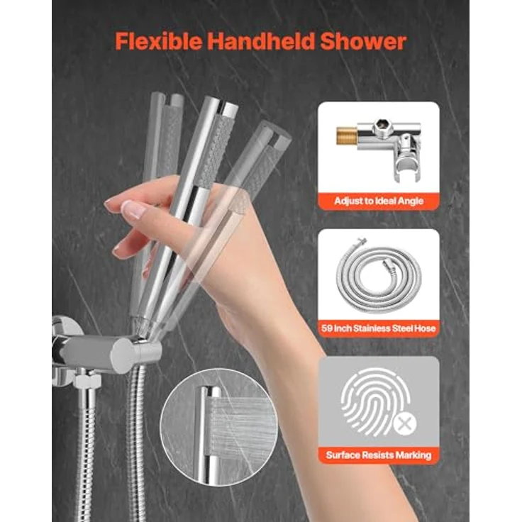 VEVOR Regenduschsystem für Badezimmer, Duscharmatur mit 254 mm Rund-Duschkopf & Handbrause, wandmontierte Messingarmaturen in Silberchrom, Hochdruck, wasser-sparend, einfache Temperaturregelung – Bild 3