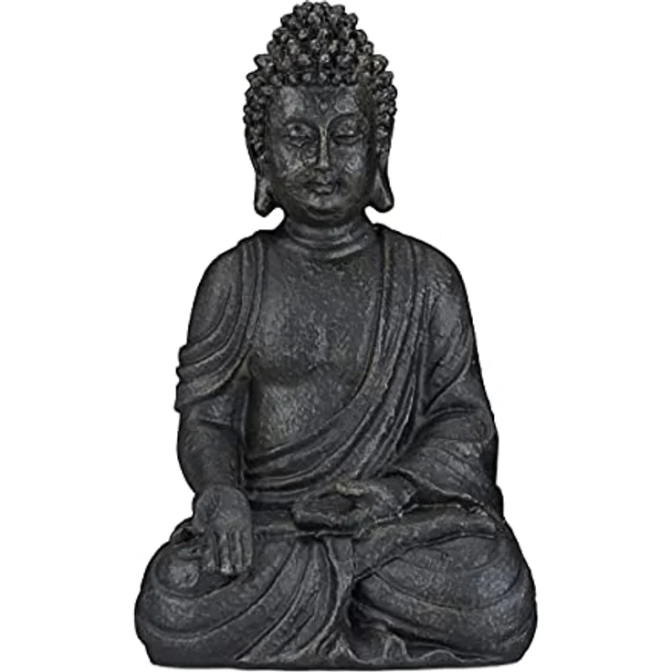 Relaxdays, dunkelgrau sitzende Figur, 40 cm hoch, Feng Shui, Outdoor, Garten Dekofigur, große Zen Buddha Statue – Bild 2