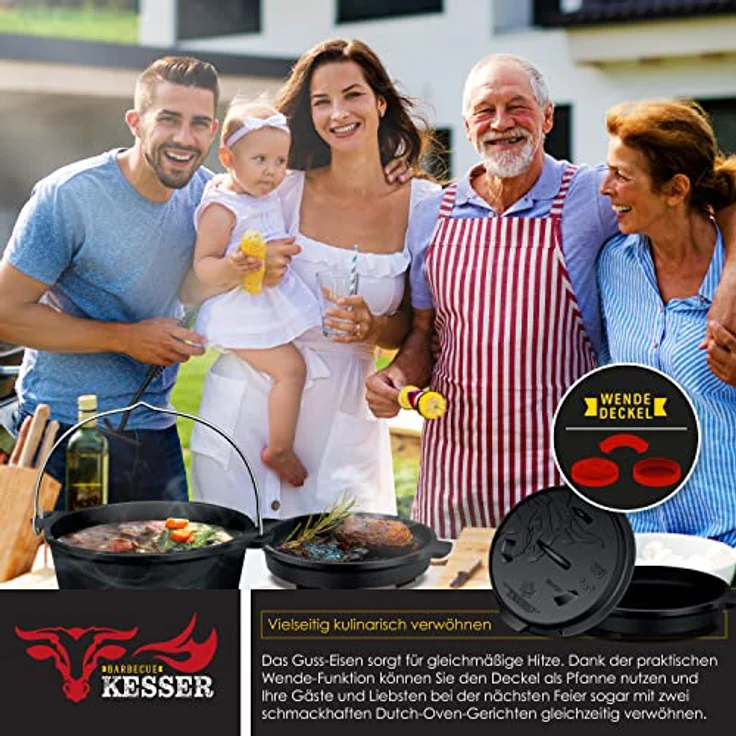 KESSER® Dutch Oven Set BBQ 4,2 Liter, Feuertopf Schmortopf mit Füßen, Gusseisen Topf mit Deckelheber Henkel und Schlitz für Themormeter, kochkessel Grilltopf Gulaschkessel für Oudoor & Indoor – Bild 4